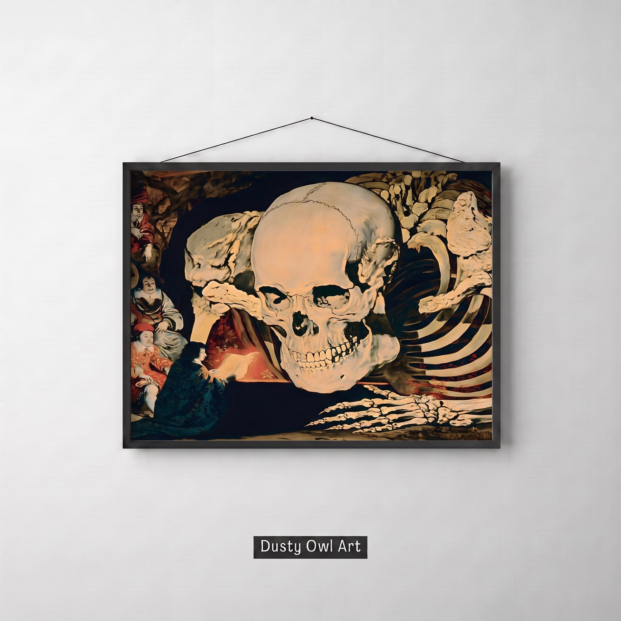 Giant Skeleton Halloween Print, Gothic Skeleton Wall Art, Spooky Moody Oil Painting, Dark Academia Halloween Decor, Digital Download