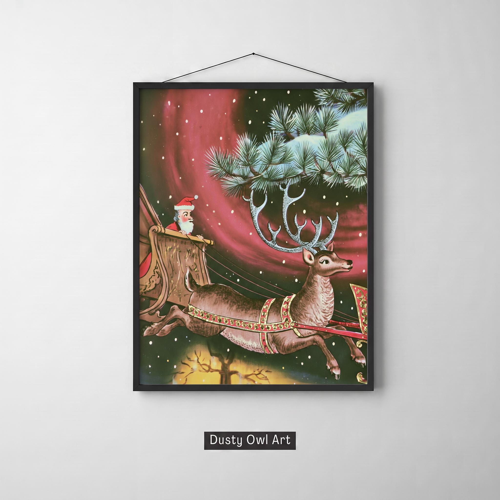 Vintage Santa Sleigh Print, Santa & Flying Reindeer Wall Art, Retro Christmas Card Printable, Night Sky Holiday Decor, Digital Download