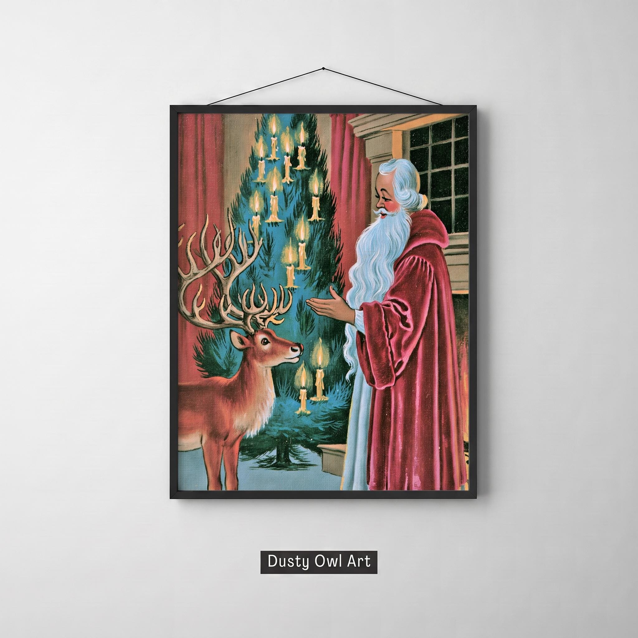 Vintage Santa Print, Santa Claus & Reindeer Wall Art, Retro Christmas Card Printable, Candlelit Tree Holiday Decor, Digital Download