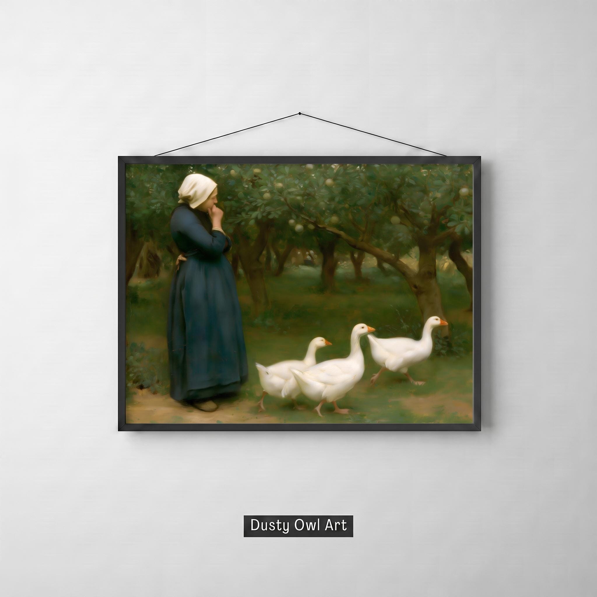 White Geese Vintage Landscape Print, French Country Farmhouse Wall Art (Digital Download)