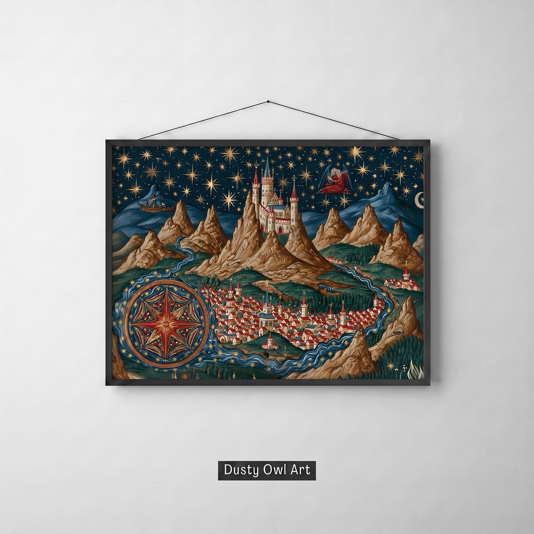 Medieval Castle Tapestry Print, Illuminated Manuscript Art, Dark Academia Decor (Digital Download)
