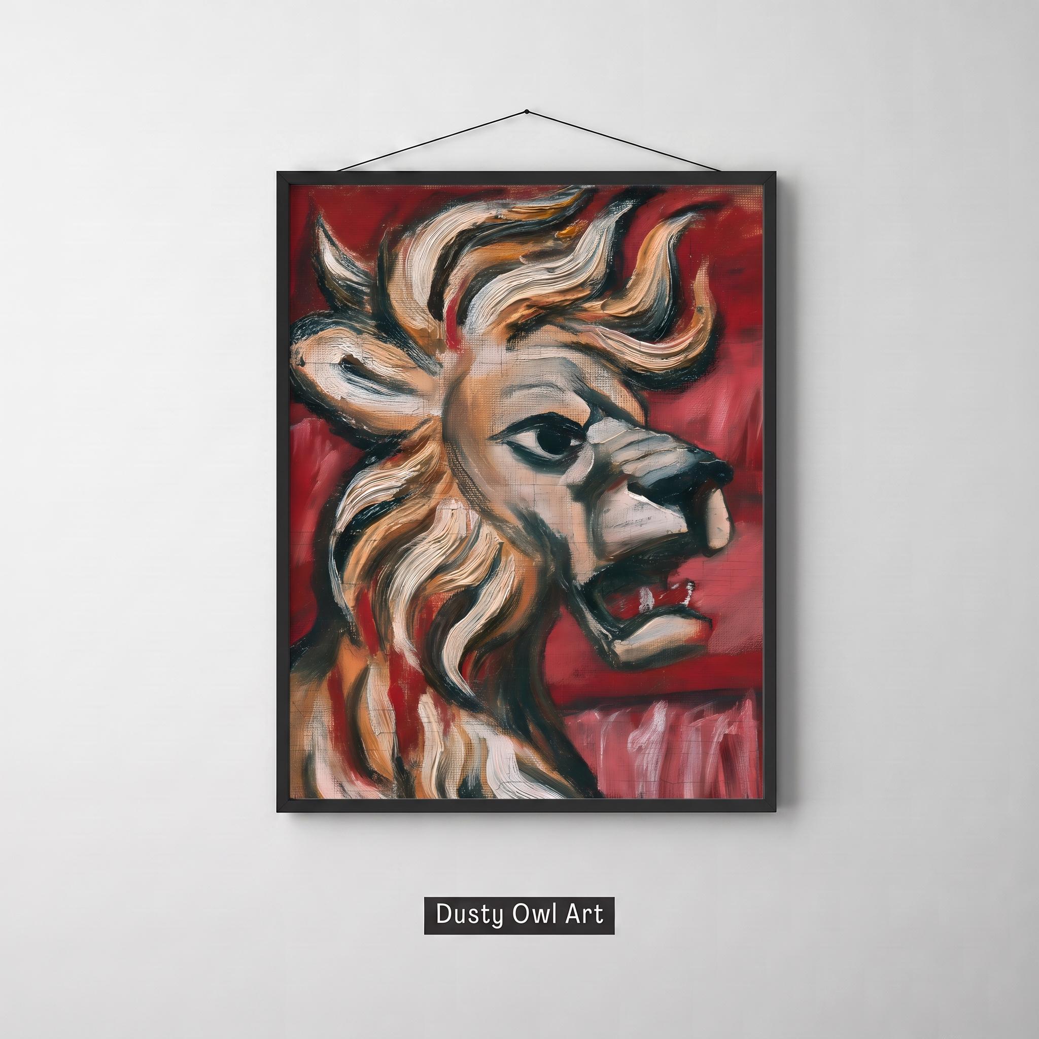 Bold Lion Portrait Print, Art Nouveau Maximalist Wall Art, Eclectic Boho (Digital Download)