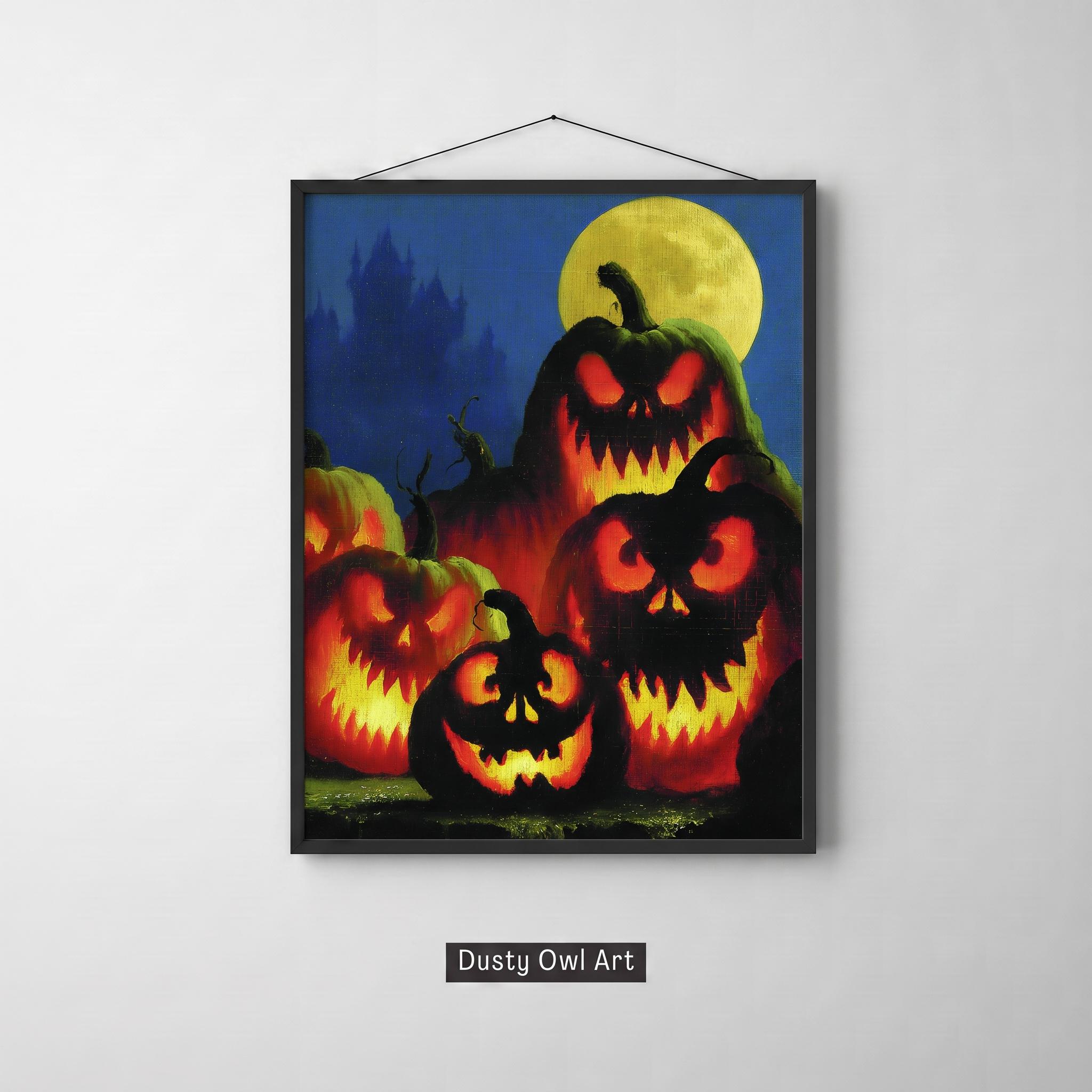 Halloween Pumpkin Print, Scary Jack O Lantern Wall Art, Spooky Pumpkin Decor, Gothic Full Moon Halloween Card, Digital Download