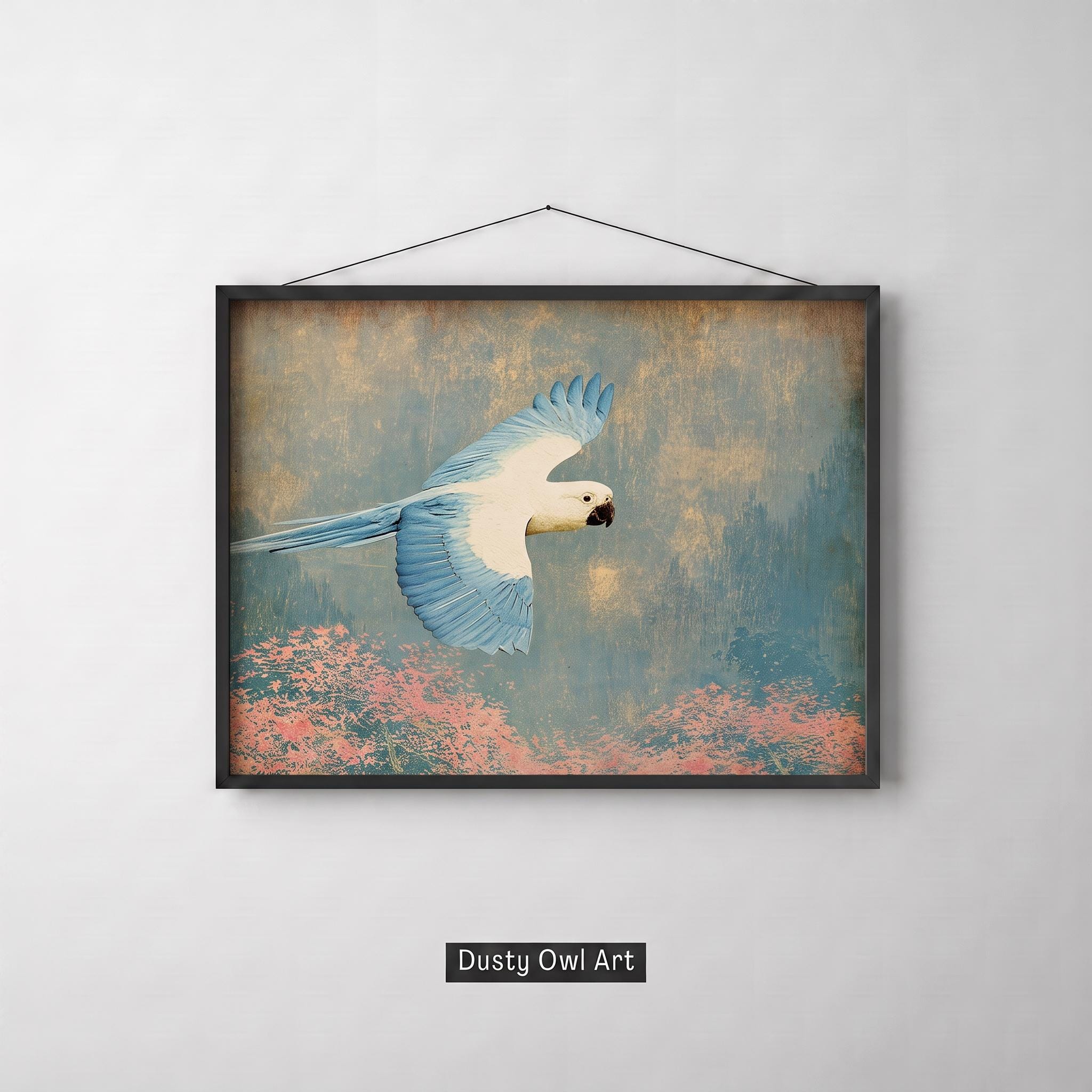 Blue Parrot Print, Chinoiserie Bird Wall Art, Vintage Cockatoo and Cherry Blossom, Teal Japanese Nature Decor, Digital Download