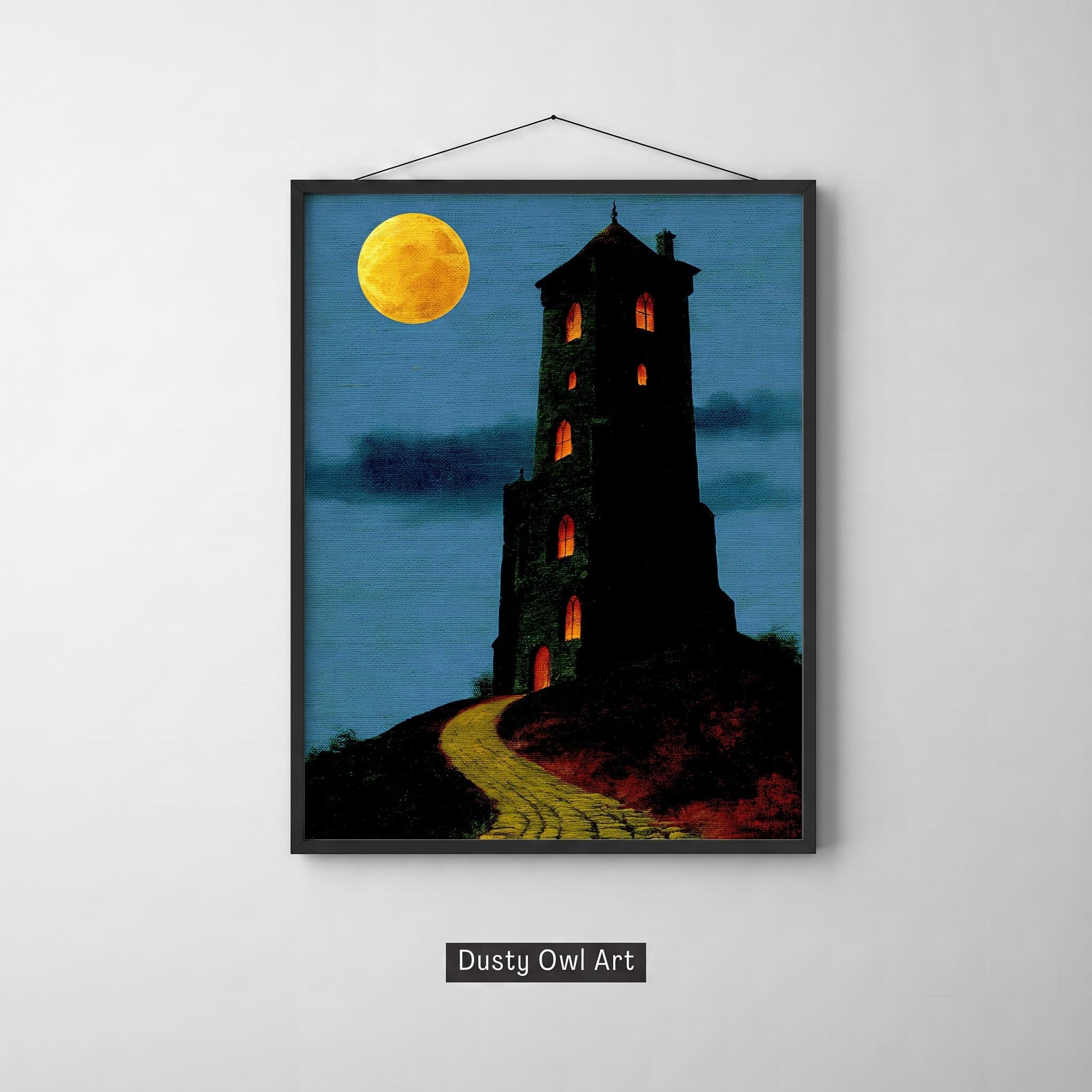 Haunted Tower Print, Gothic Halloween Wall Art, Spooky Full Moon House Decor, Vintage Dark Academia Card, Digital Download