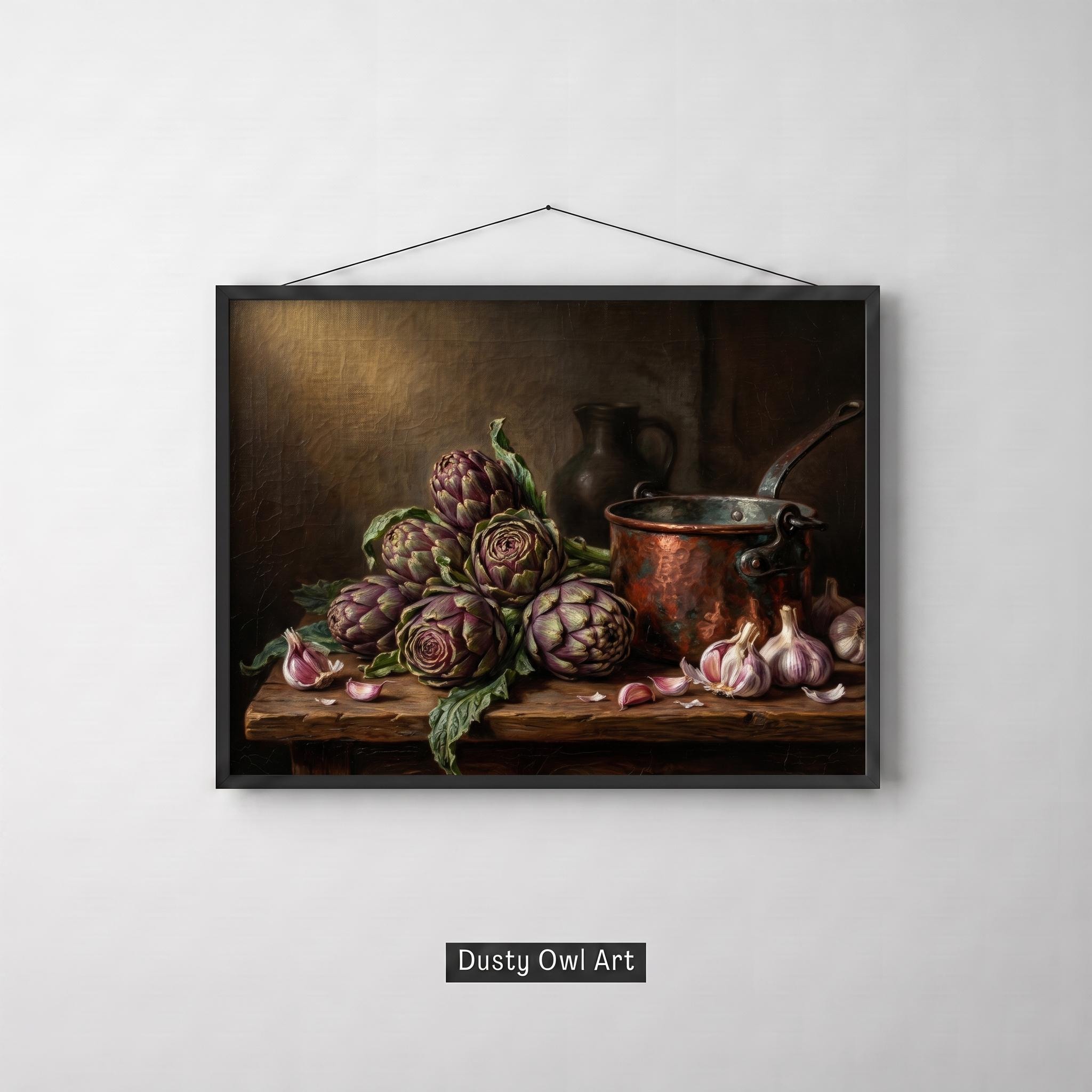 Artichoke Still Life Print: Moody Dutch Oil Painting, Dark Academia Kitchen Art (Digital Download)