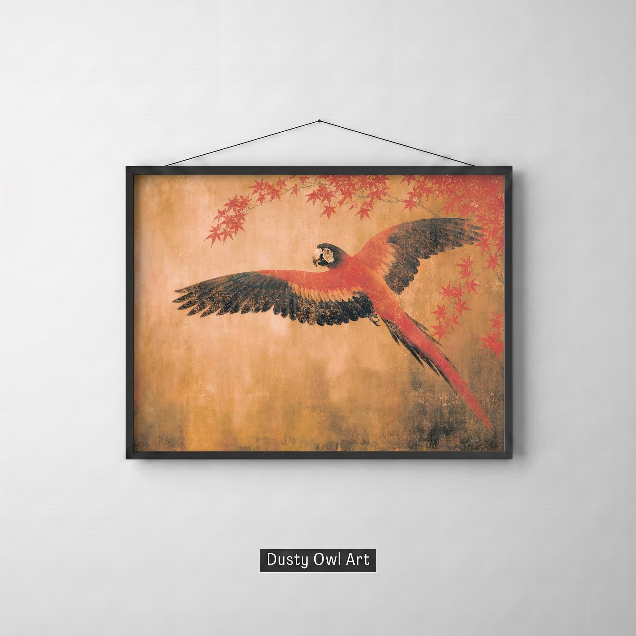 Red Macaw Print, Japanese Style Bird Wall Art, Vintage Parrot and Maple, Chinoiserie Gold Nature Decor, Digital Download