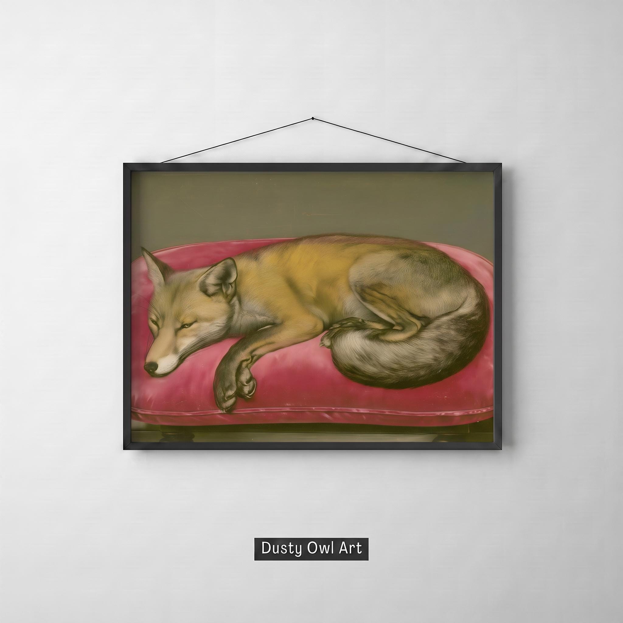 Resting Noble Fox Print, Art Nouveau Animal Painting, Whimsical Wall Art (Digital Download)