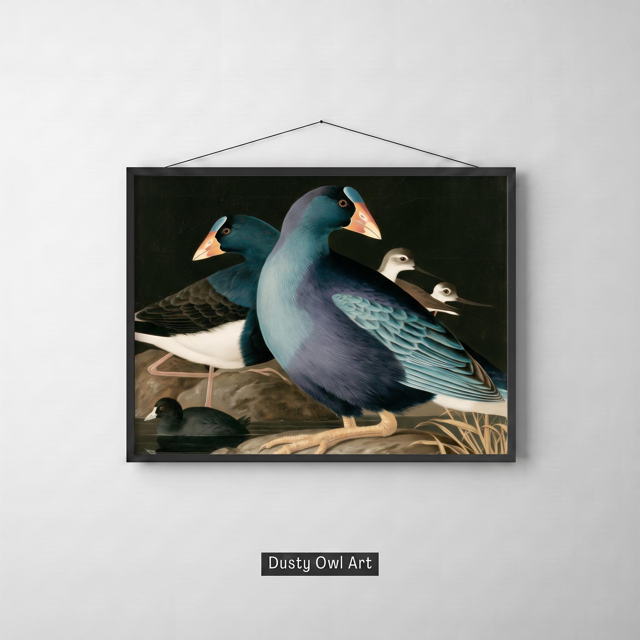 Vintage Bird Print, Audubon Style Waterbird Wall Art, Antique Blue Swamphen Study, Dark Moody Nature Decor, Digital Download