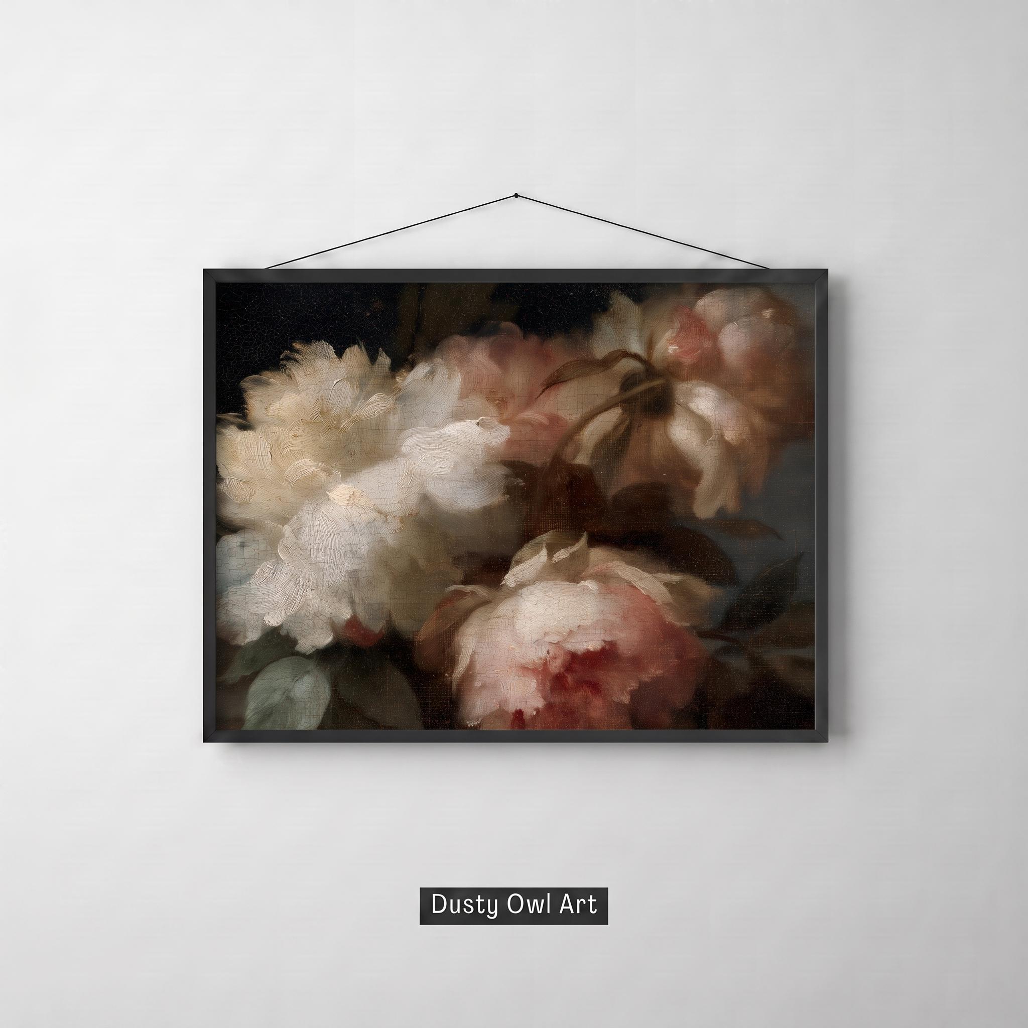Moody Floral Oil Painting Print: Dark Vintage Peony Still Life Art (Digital Download).