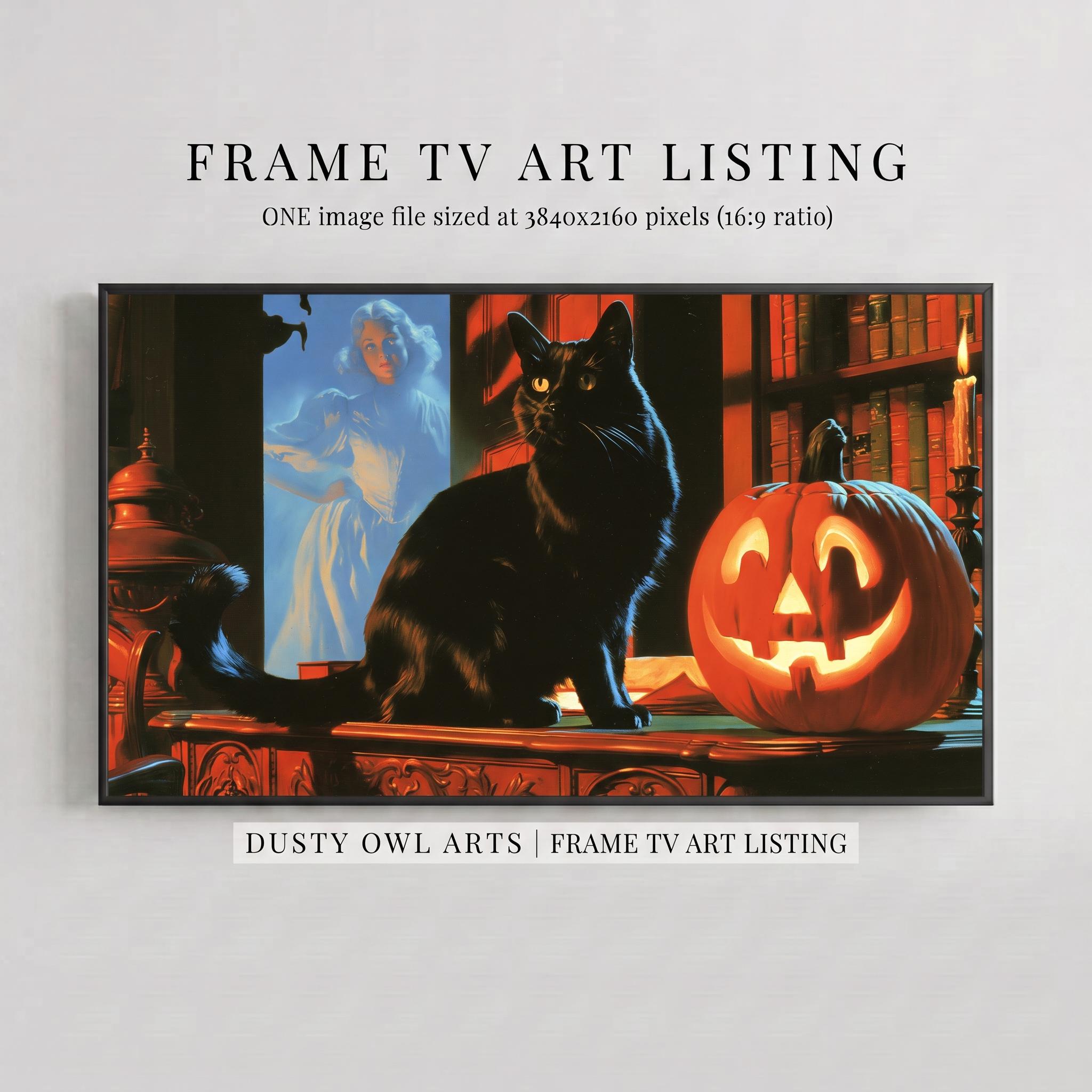 Halloween Frame TV Art | Haunted Victorian Library with Black Cat, Jack-o'-Lantern & Ghost | Digital Download