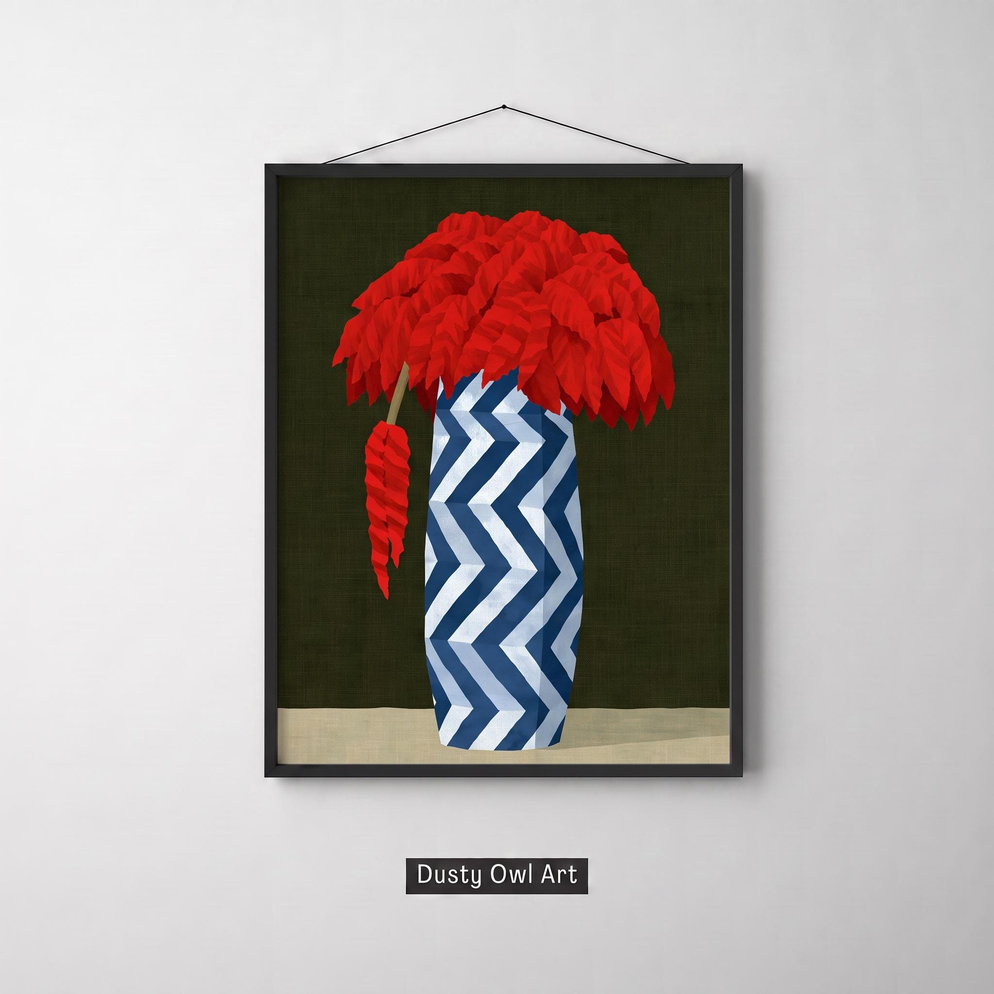 Red Flower Print, Maximalist Floral Wall Art, Blue Chevron Vase Botanical, Dark Moody Still Life Decor, Digital Download