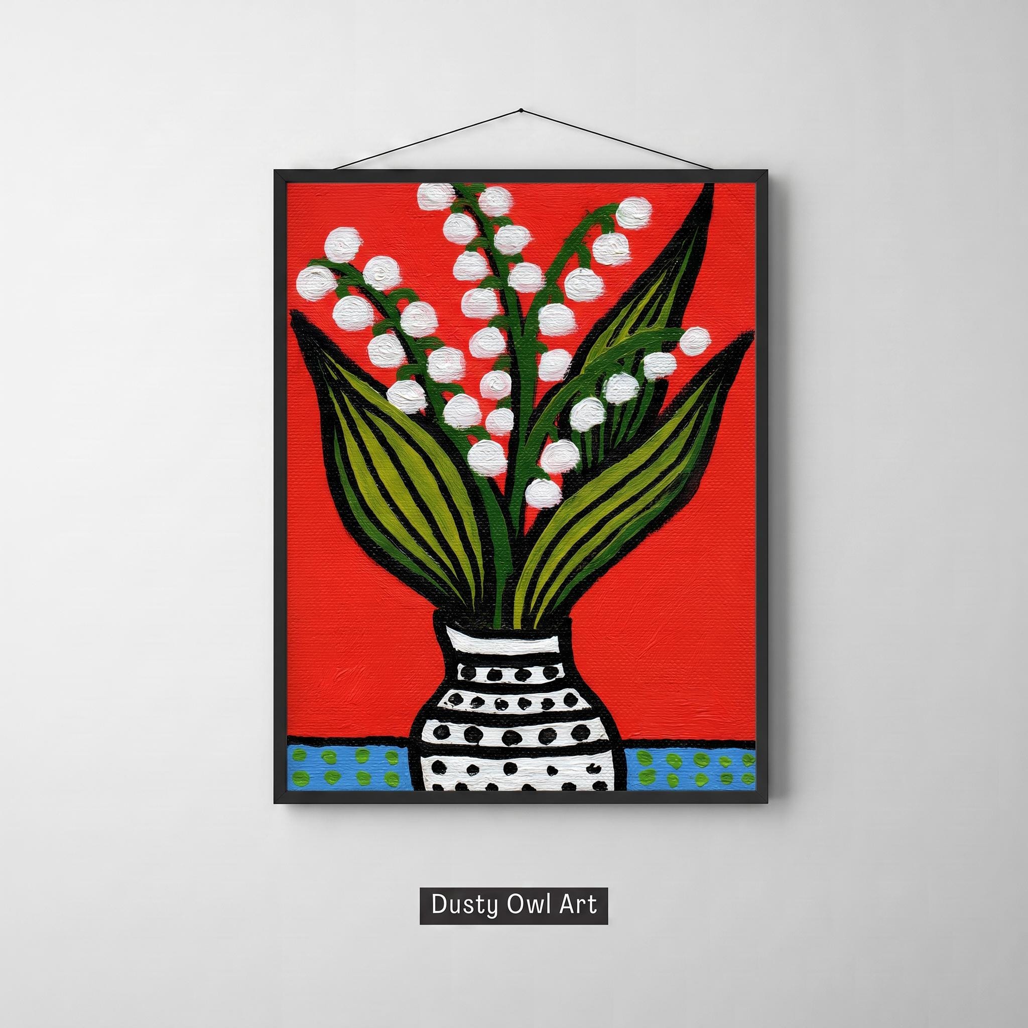 Lily of the Valley Print, Naive Folk Flower Wall Art, Bright Red Botanical Still Life, Maximalist Floral Decor, Digital Download