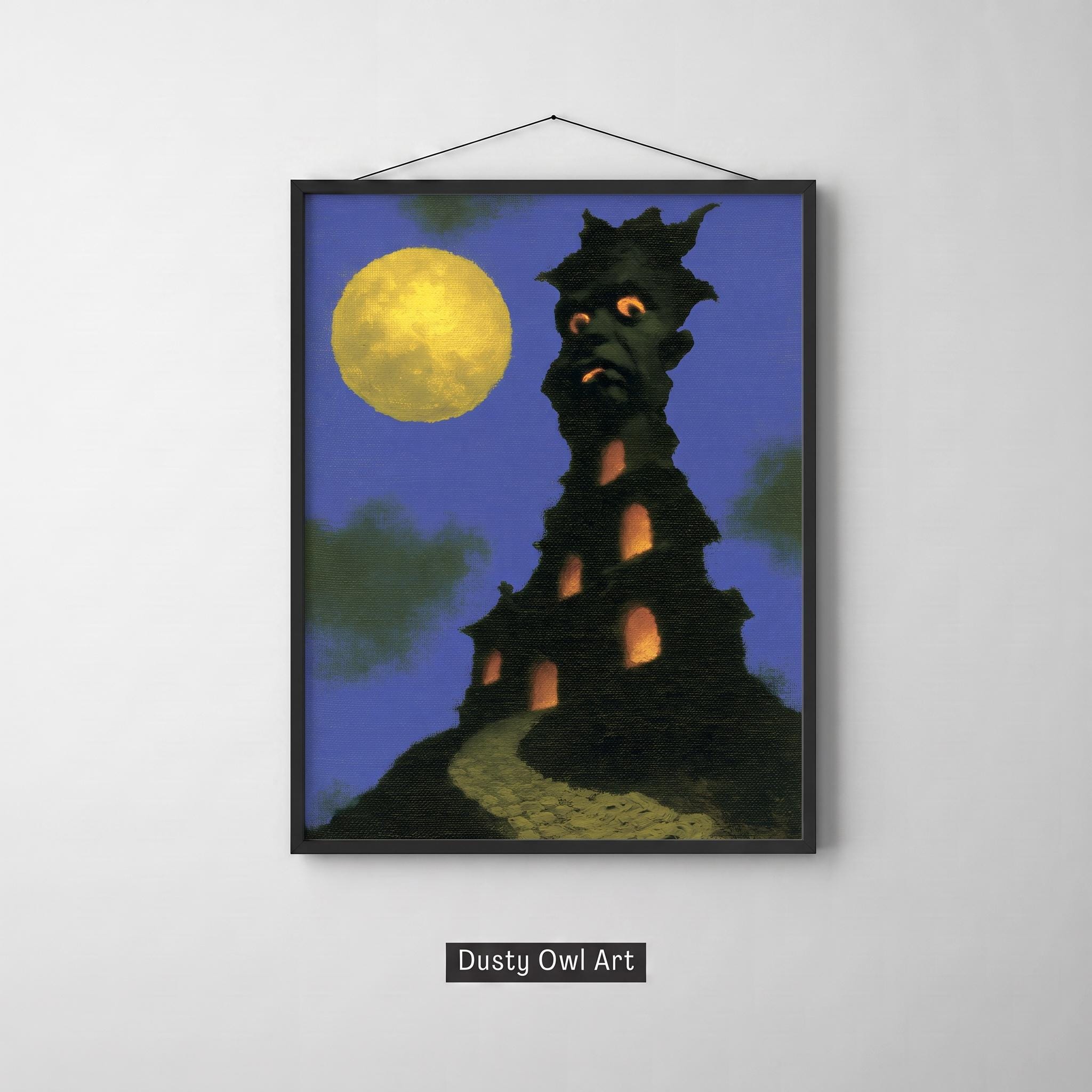 Halloween Monster Print, Creepy Haunted House Tower Wall Art, Whimsical Spooky Decor, Gothic Full Moon Card, Digital Download
