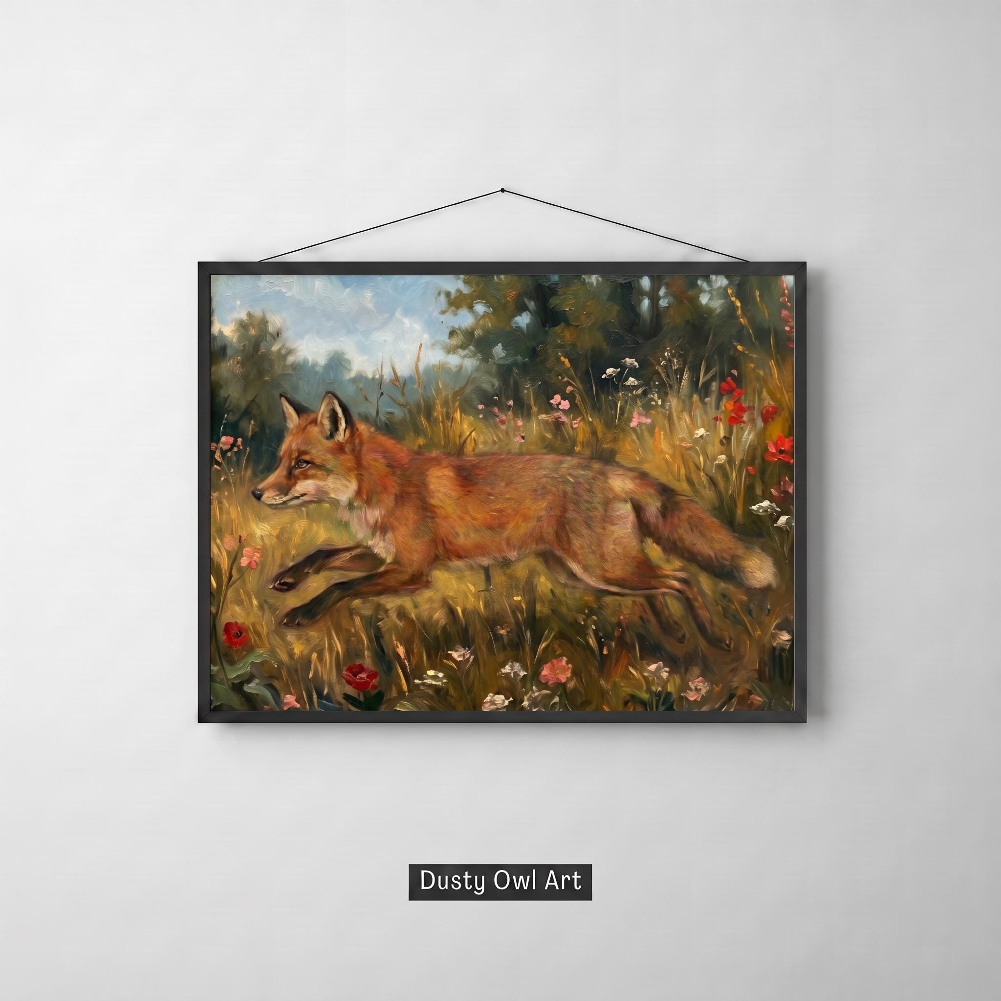 Fox Wildflower Meadow Print, Impressionist Oil Painting, Woodland Wall Art (Digital Download).