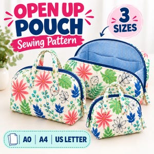 May include: Three pouches in varying sizes featuring a floral pattern with pink, green, and blue leaves and flowers on a white background. The pouches have blue zippers and handles. Text reads: OPEN UP POUCH Sewing Pattern, 3 SIZES, A0 | A4 | US LETTER.