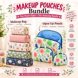 Peut inclure: Un ensemble numérique de patrons de couture pour trousses de maquillage et pochettes à ouverture large. L'image présente cinq trousses rectangulaires aux motifs floraux et de couture, ainsi que deux pochettes à motifs floraux et intérieur bleu.