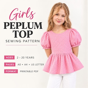 Girls Peplum Top Sewing Pattern PDF | Kids and Teen Peplum Blouse Pattern | Puff Sleeve Top Pattern | Ages 2–20
