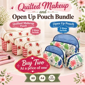 Pode incluir: Um conjunto de bolsas de maquilhagem acolchoadas e bolsas abertas em três tamanhos. As bolsas acolchoadas têm uma base branca com padrões florais vermelhos e painéis laterais axadrezados. As bolsas abertas têm uma base branca com estampados de folhas tropicais e interiores axadrezados azuis. Texto: Quilted Makeup and Open Up Pouch Bundle, 3 Sizes Include, Buy Two At a price of one.