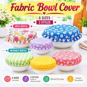 May include: A collection of fabric bowl covers in various floral and checkered patterns, featuring both ruffled and non-ruffled styles. The image displays six covers in different sizes, including pink, yellow, green, purple, and blue designs.