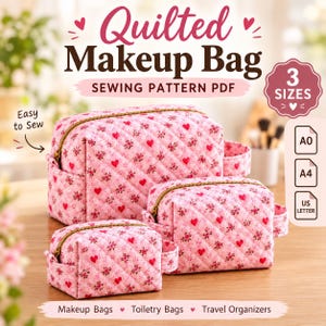 Patron de couture PDF pour trousse de maquillage matelassée | Pochette cosmétique rigide | Trousse de toilette zippée | 3 tailles, patron de couture pour débutants