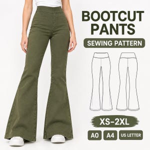 Op de afbeelding: Olijfgroene bootcut broek met een hoge tailleband. De afbeelding bevat de tekst BOOTCUT PANTS SEWING PATTERN, XS-2XL, A0, A4 en US LETTER, naast een zwart-witte lijntekening die de voor- en achterkant van de broek toont.