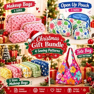 May include: A Christmas gift bundle of 4 sewing patterns featuring quilted makeup bags in 3 sizes, open up pouches in 3 sizes, 5 sizes of makeup bags, and a tote bag. The patterns include floral, gingham, and heart prints with gold zippers.