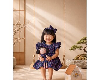 Girls Blossom Dress & Matching Doll Set – Handmade Cotton, Alice