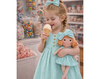 Girls Classic Green Dress & Matching Doll Set – Handmade Cotton, Nina