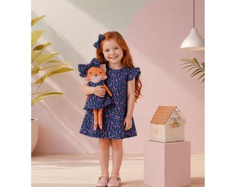 Girls Blossom Dress & Matching Doll Set – Handmade Cotton, Mrs. Fox