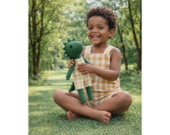 Boys Gingham Romper & Matching Plush Toy – Handmade Cotton, Dino