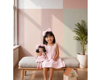 Girls Classic Pink Dress & Matching Doll Set – Handmade Cotton, Alice