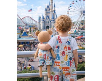 Boys Cars Romper & Matching Plush Toy – Handmade Cotton, Teddy Bear