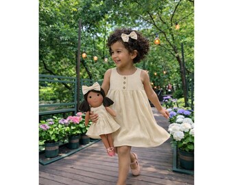 Girls Classic Yellow Dress & Matching Doll Set – Handmade Cotton, Manu