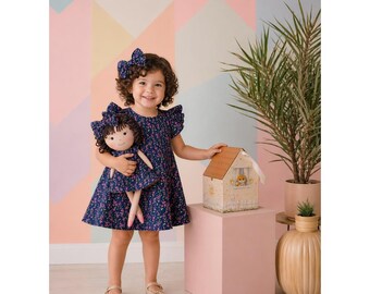 Girls Blossom Dress & Matching Doll Set – Handmade Cotton, Nelinha