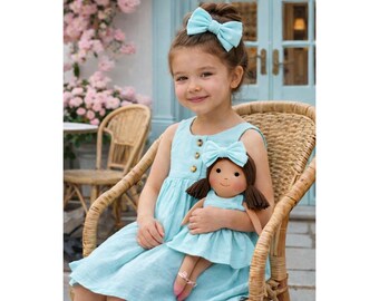 Girls Classic Green Dress & Matching Doll Set – Handmade Cotton, Manu
