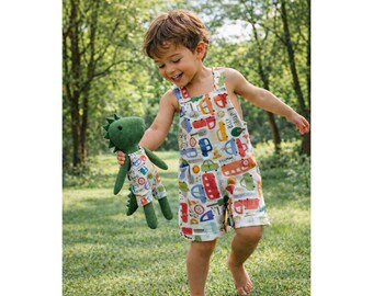 Boys Cars Romper & Matching Plush Toy – Handmade Cotton, Dino