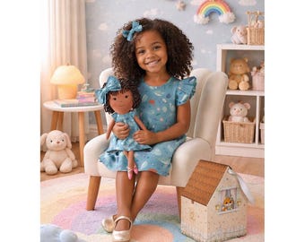 Girls Under the Sea Dress & Matching Doll Set – Handmade Cotton, Bella