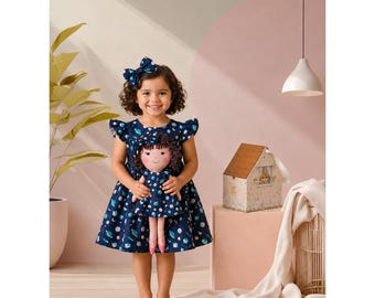 Girls Space Dress & Matching Doll Set – Handmade Cotton, Nelinha