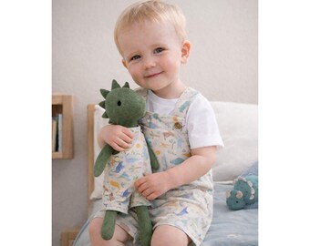 Boys Dino Romper & Matching Plush Toy – Handmade Cotton, Dino