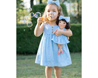 Girls Classic Blue Dress & Matching Doll Set – Handmade Cotton, Alice