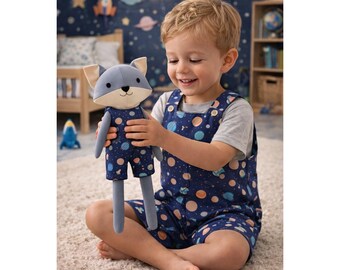 Boys Space Romper & Matching Plush Toy – Handmade Cotton, Mr. Fox