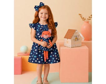 Girls Space Dress & Matching Doll Set – Handmade Cotton, Mrs. Fox