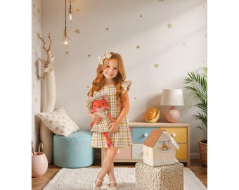 Girls Gingham Dress & Matching Doll Set – Handmade Cotton, Mrs. Fox