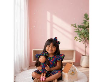 Girls Cherry Dress & Matching Doll Set – Handmade Cotton, Manu