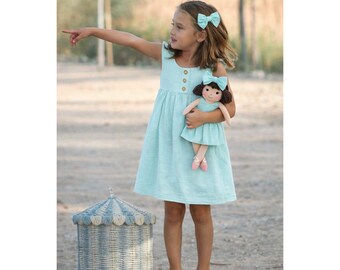 Girls Classic Green Dress & Matching Doll Set – Handmade Cotton, Alice