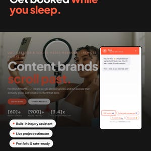 May include: A digital marketing template for UGC creators featuring the text Get booked while you sleep and Content brands scroll past. It includes a chat interface mockup, statistics for brands served, pieces created, engagement lift, and feature buttons.