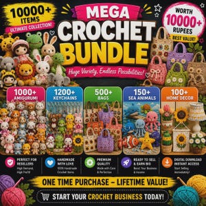Może przedstawiać: Cyfrowa reklama zestawu Mega Crochet Bundle zawierającego ponad 10 000 elementów, w tym amigurumi, breloczki, torby, zwierzęta morskie i dekoracje domu. Grafika przedstawia różne szydełkowane figurki oraz kolorowe kłębki włóczki.