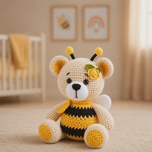 May include: A crochet teddy bear toy featuring a cream-colored body, a yellow and black striped torso, and two antennae with yellow pom-poms. The bear has a white muzzle, black eyes, and a small yellow flower accent with green leaves on its head.