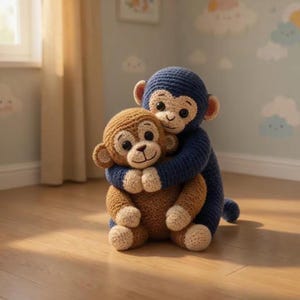 May include: Two crocheted monkey stuffed animals, one larger in dark blue and one smaller in light brown, are hugging. Both monkeys feature cream-colored faces, ears, hands, and feet, with dark embroidered eyes and smiles, crafted from yarn.